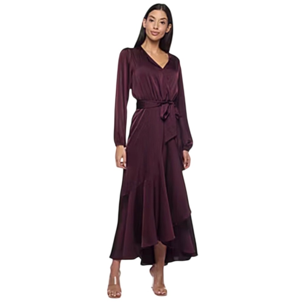 Premier Amour Plum Satin Ruffle Hi-Low Maxi Dress Romantic Regencycore 12P